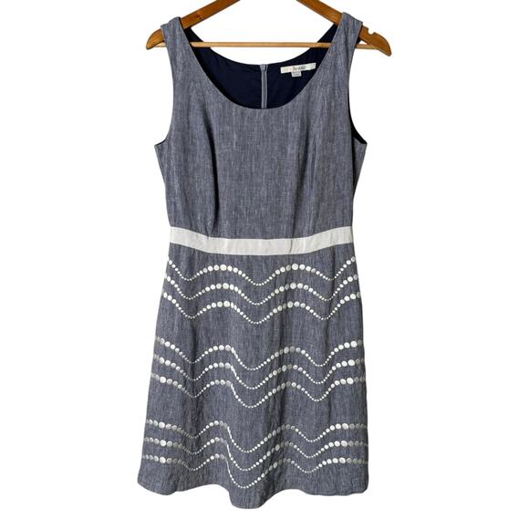 Boden 100% Linen Chambray Embroidered Fit & Flare‎ Sun Dress Sleeveless, Size 8 - Picture 1 of 9